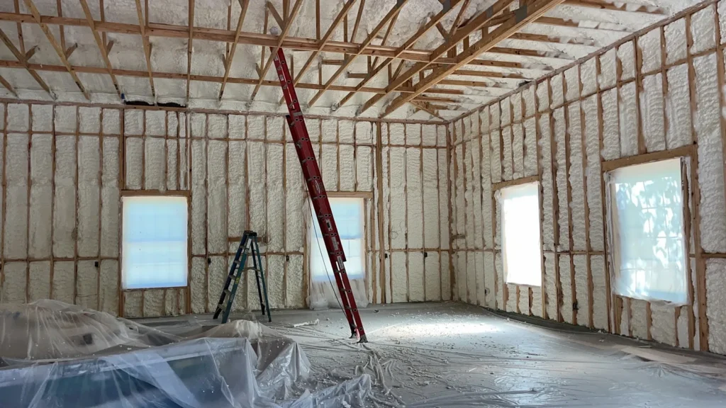 New construction walls and ceiling insulated with spray foam